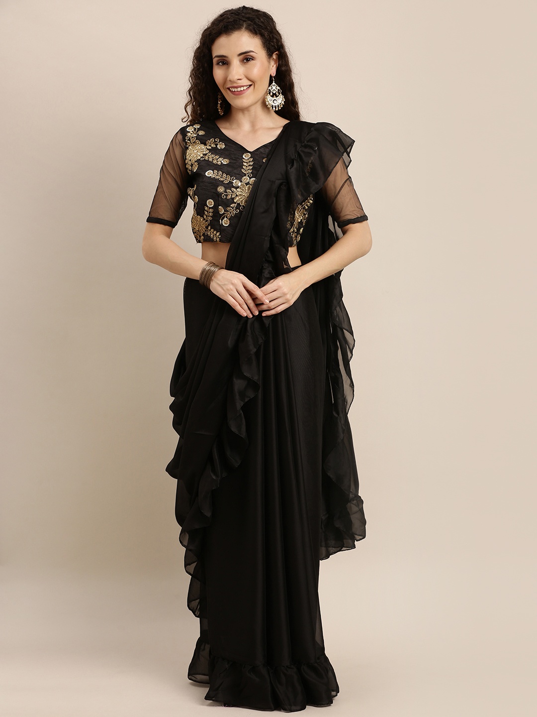 

SHAVYA Black Solid Silk Blend Ruffled Party Saree