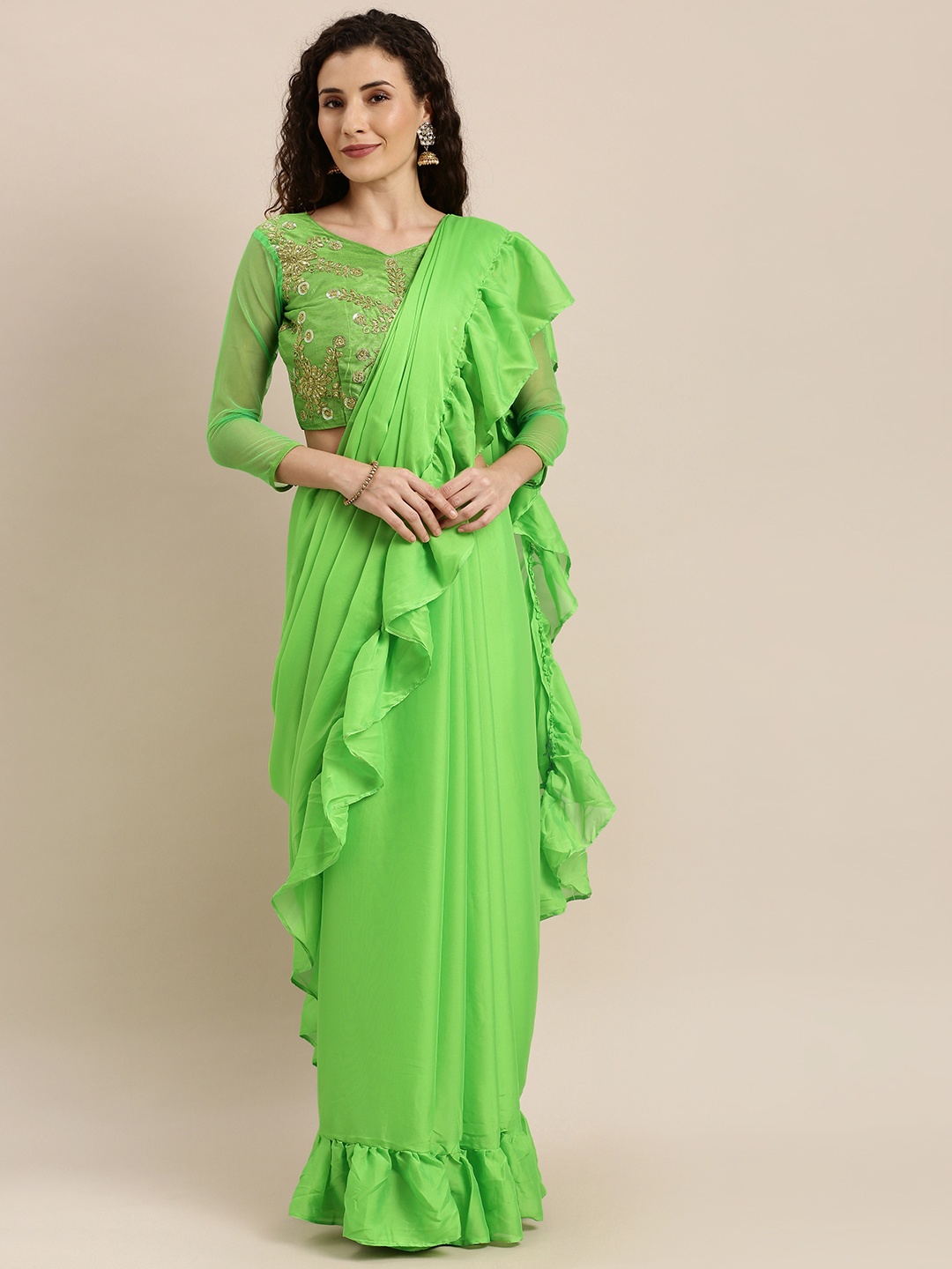 

SHAVYA Green Solid Silk Blend Saree with Ruffles