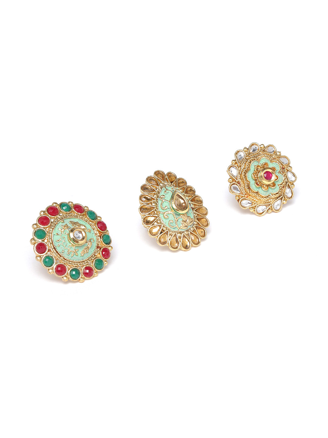 

Zaveri Pearls Women Set of 3 Sea Green Gold-Plated Stone-Studded Adjustable Finger Rings