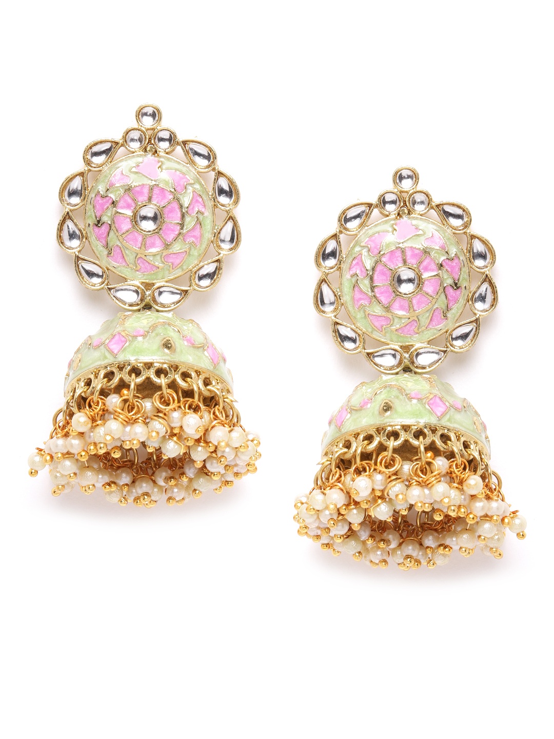 

Zaveri Pearls Sea Green & Pink Gold-Plated Enamelled Kundan-Studded Dome-Shaped Jhumkas