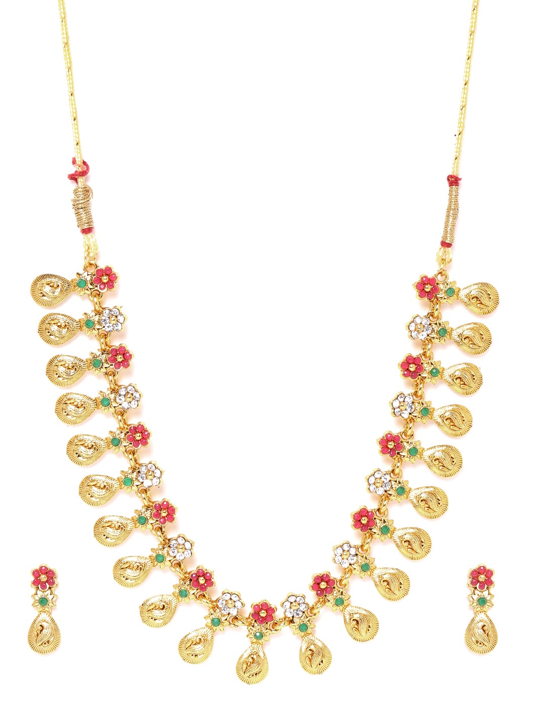 

Zaveri Pearls Pink & Green Gold-Plated Stone-Studded Textured Jewellery Set