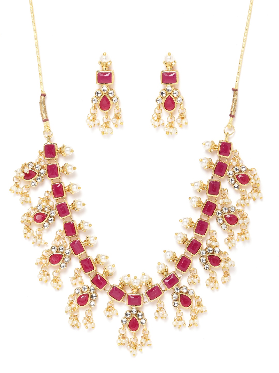 

Zaveri Pearls Magenta & Off-White Gold-Plated Stone-Studded Beaded Jewellery Set