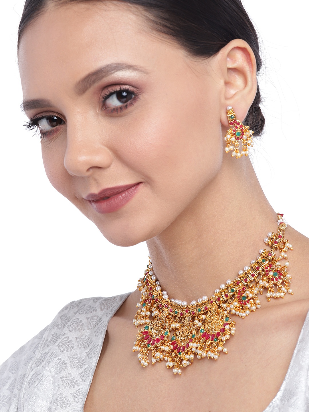 

Zaveri Pearls Red & Green Gold-Plated Stone-Studded Goddess Laxmi Textured Jewellery Set