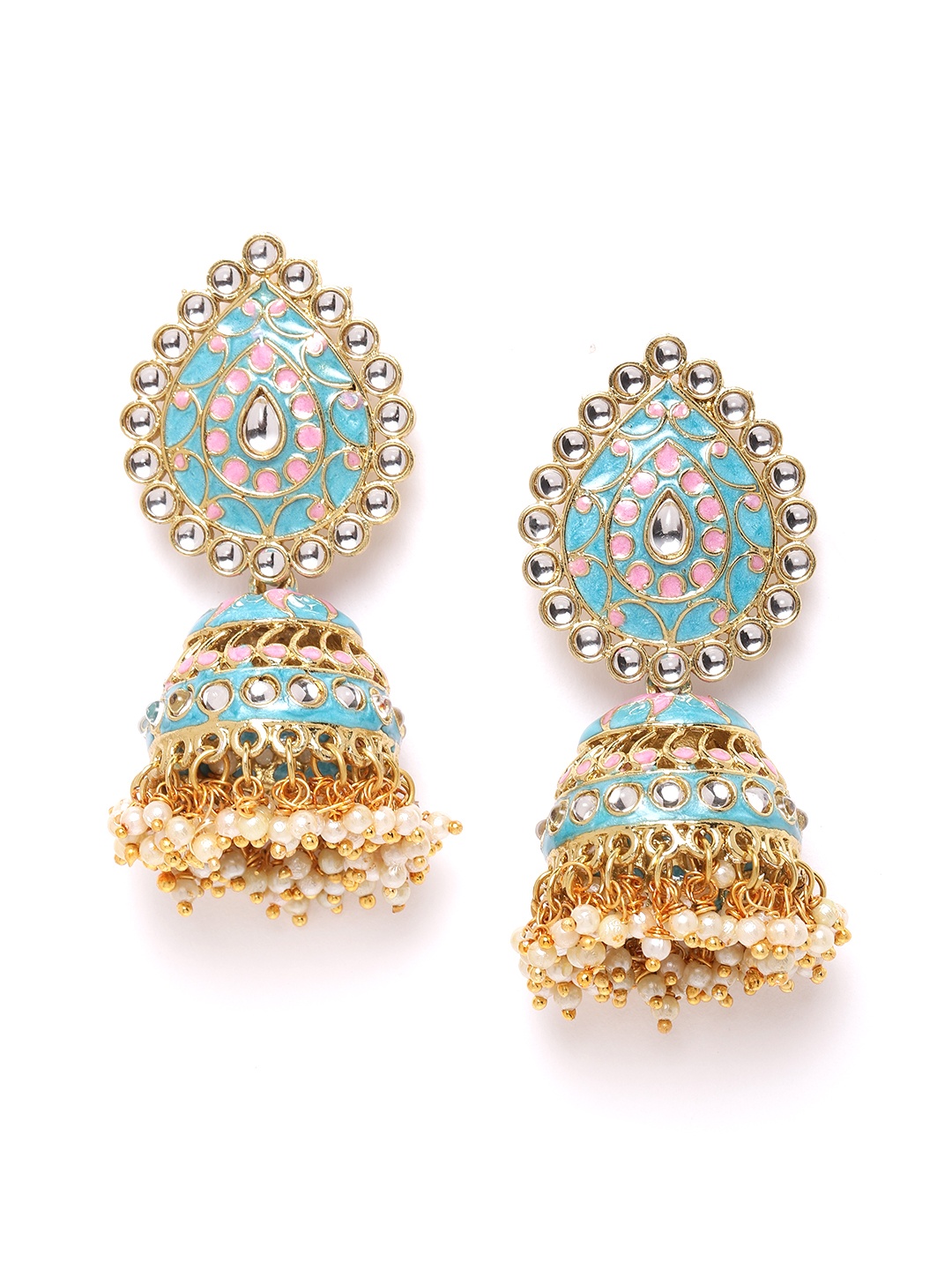 

Zaveri Pearls Turquoise Blue Gold-Plated Kundan-Studded Enamelled Dome-Shaped Jhumkas