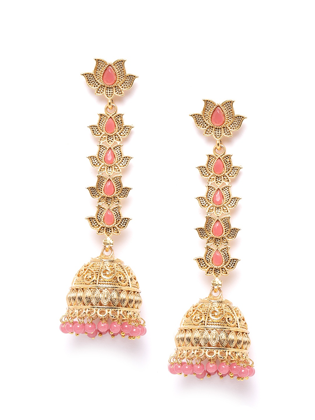 

Zaveri Pearls Peach-Coloured Gold-Plated Stone-Studded Dome-Shaped Jhumkas