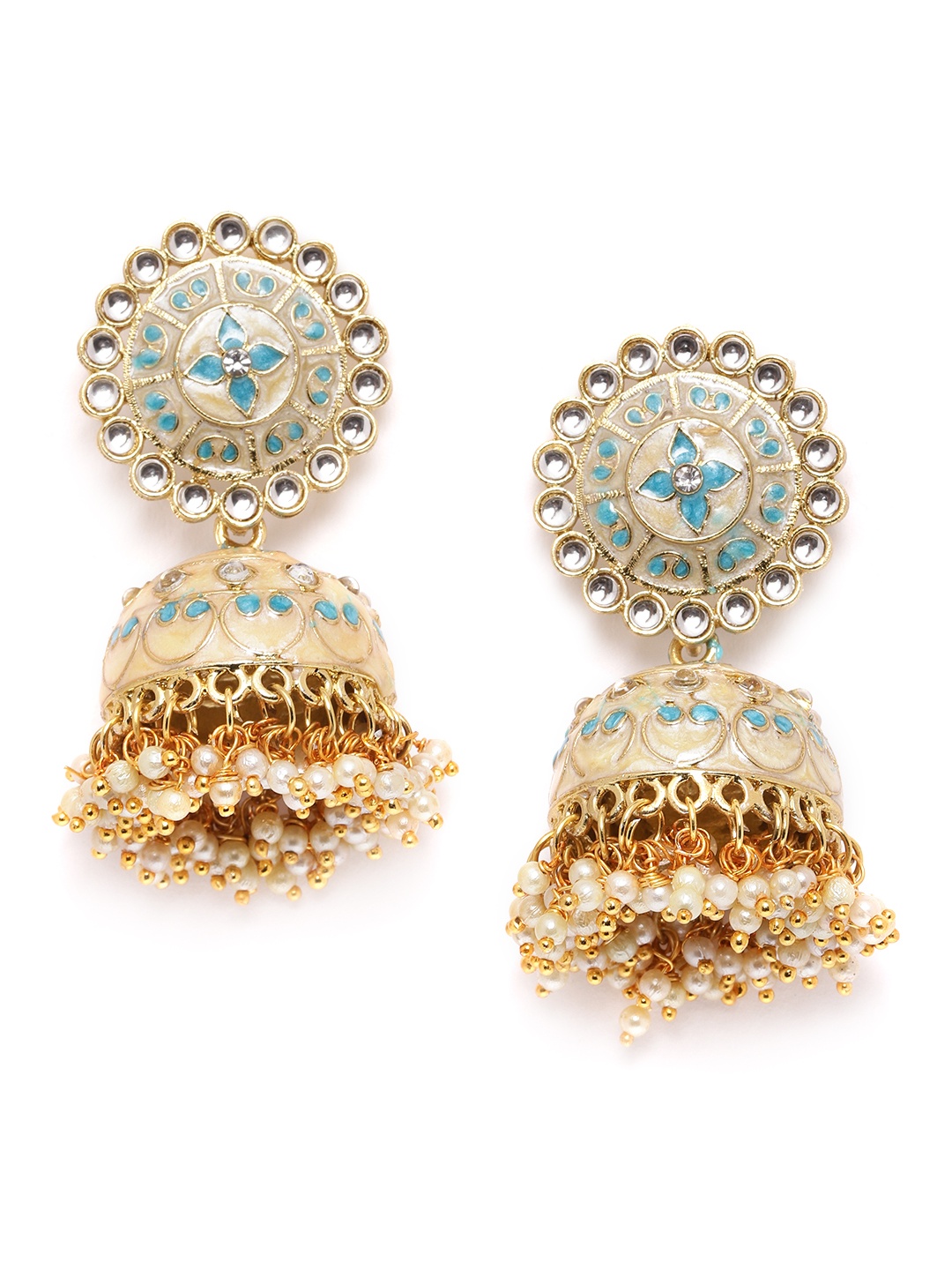 

Zaveri Pearls Turquoise Blue Gold-Plated Kundan-Studded Enamelled Dome-Shaped Jhumkas