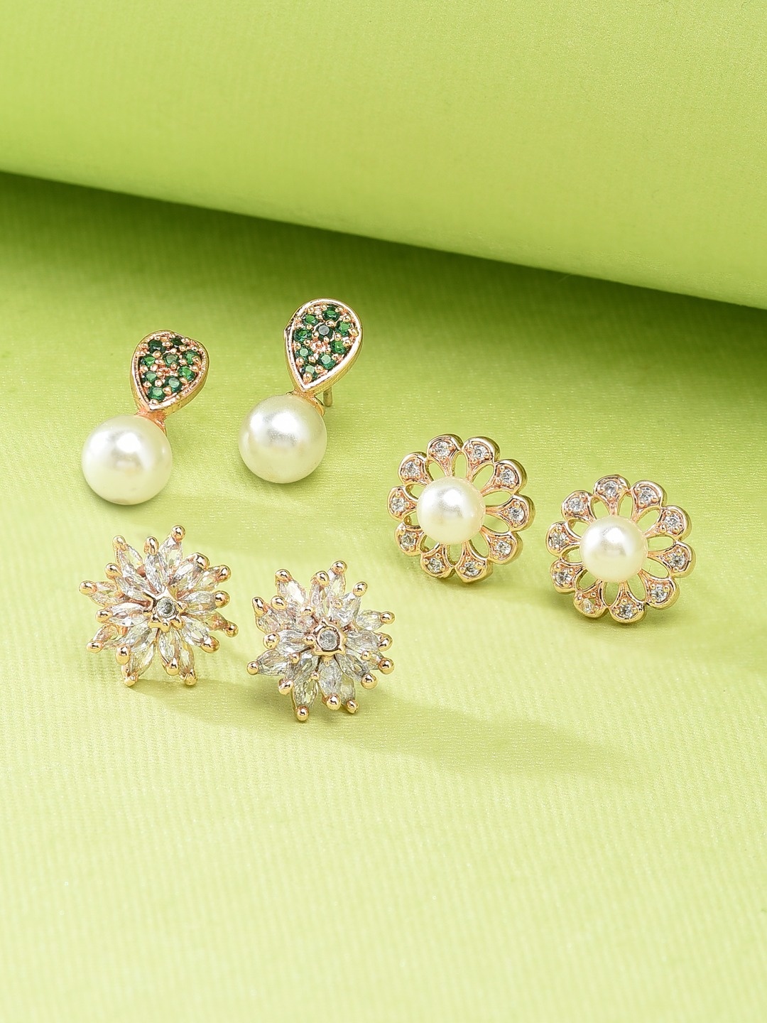 

Zaveri Pearls Women Set of 3 Gold-Plated CZ Stone Studs