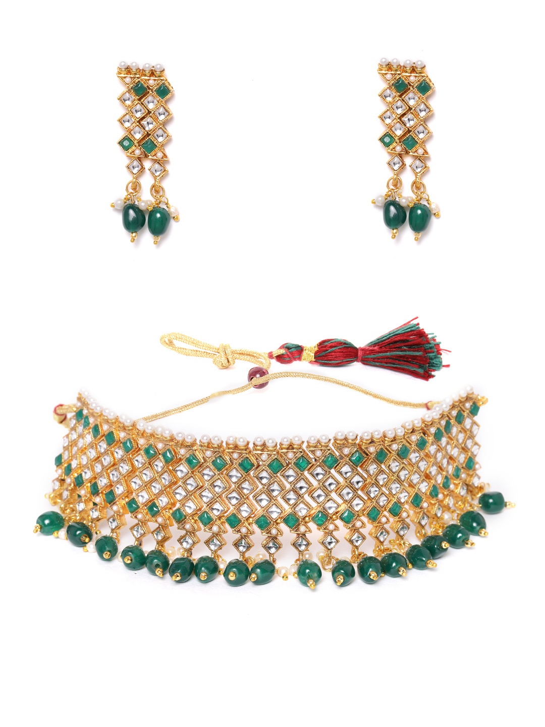 

Zaveri Pearls Green Gold-Plated Kundan-Studded Beaded Jewellery Set