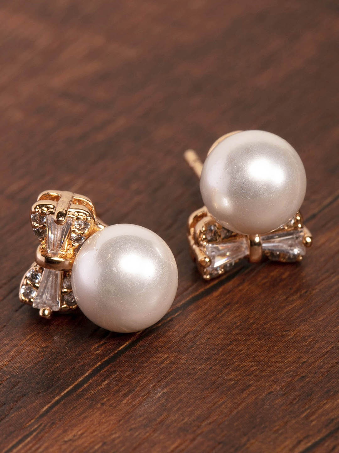 

Zaveri Pearls White Gold-Plated Beaded Bow-Shaped CZ Studs