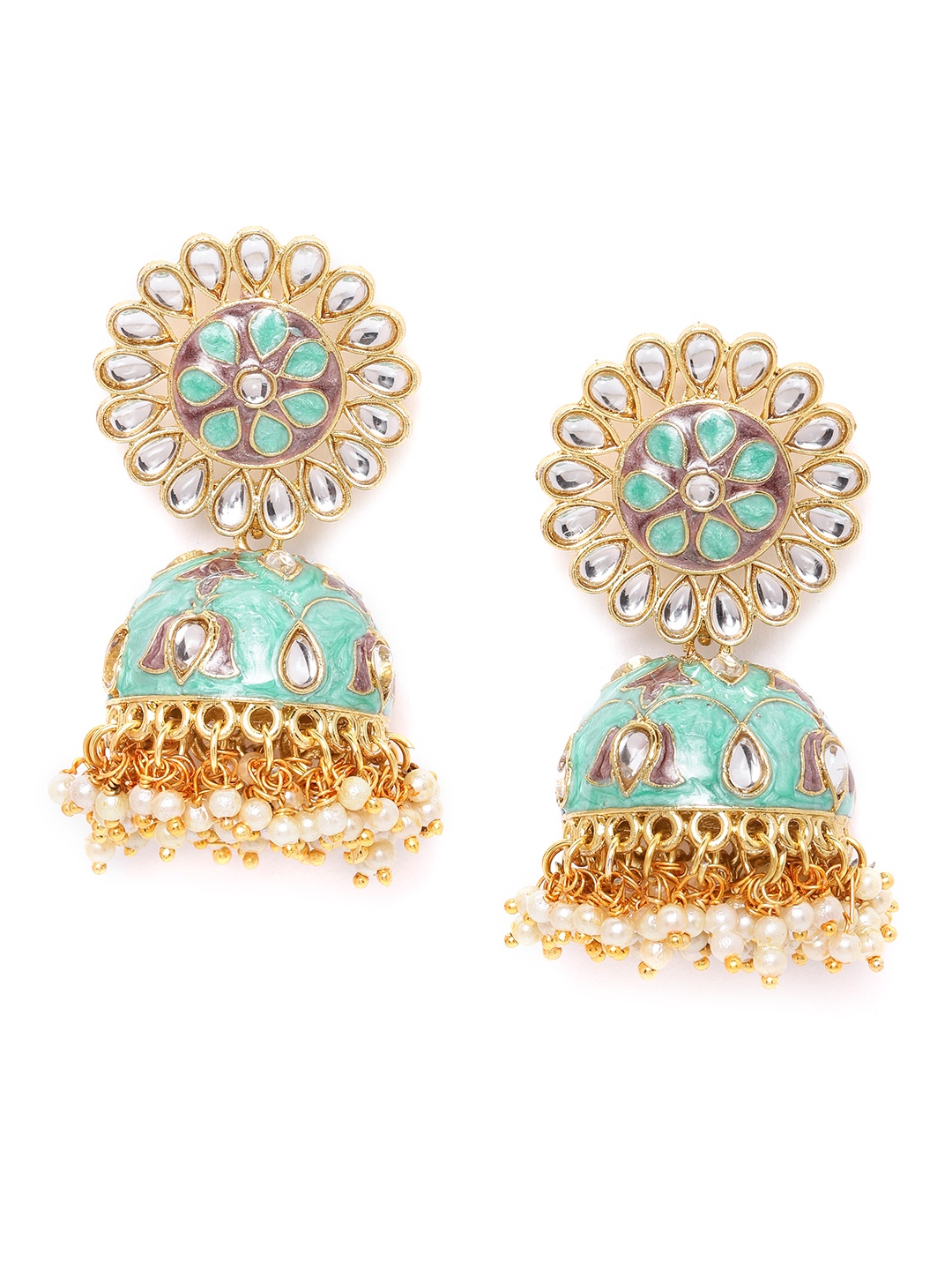 

Zaveri Pearls Sea Green Gold-Plated Kundan-Studded Enamelled Dome-Shaped Jhumkas