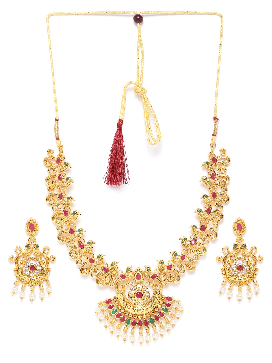 

Zaveri Pearls Green & Pink Gold-Plated Stone-Studded & Beaded Jewellery Set