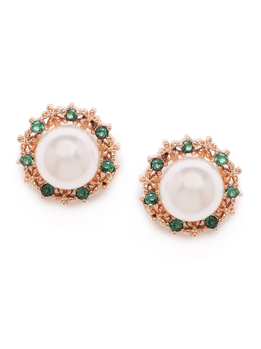 

Zaveri Pearls White & Green Gold-Plated Beaded Circular CZ-Studs