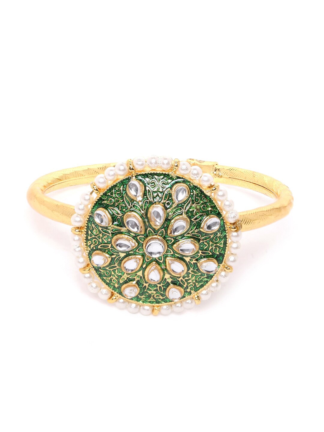 

Zaveri Pearls Green Gold-Plated Kundan-Studded Beaded Enamelled Bangle-Style Bracelet