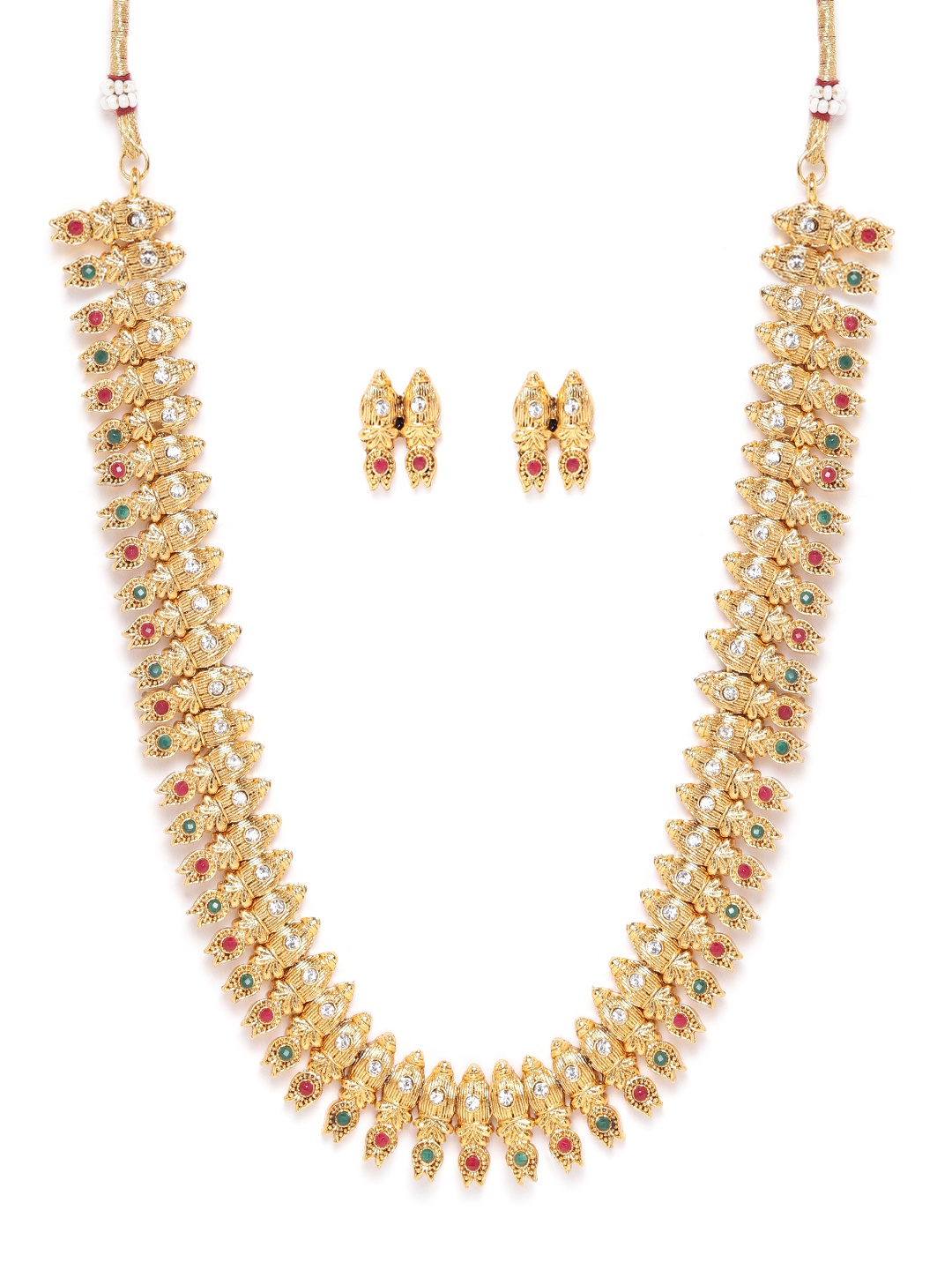 

Zaveri Pearls Green & Maroon Antique Gold-Plated Stone-Studded Jewellery set