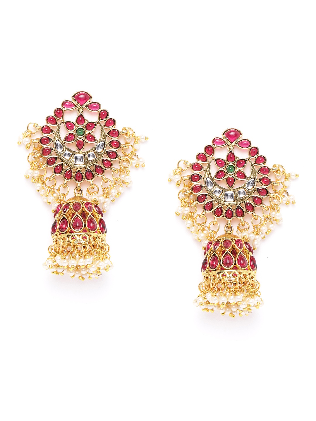 

Zaveri Pearls Red Gold-Plated Stone-Studded Beaded Dome-Shaped Jhumkas