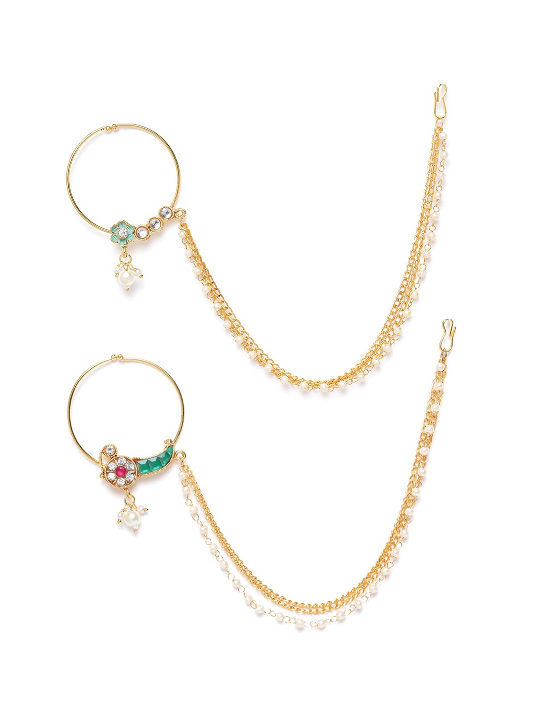 

Zaveri Pearls Set of 2 Gold-Plated Kundan-Studded & Beaded Chained Nose Rings