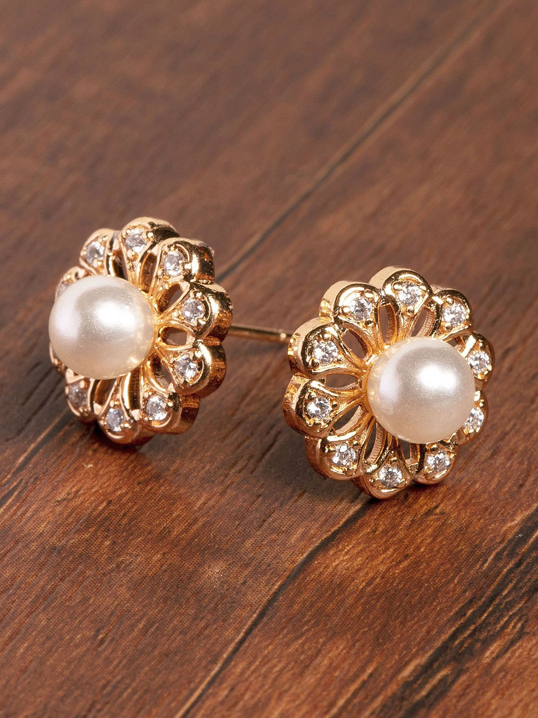 

Zaveri Pearls Off-White Gold-Plated Beaded Floral CZ-Studs