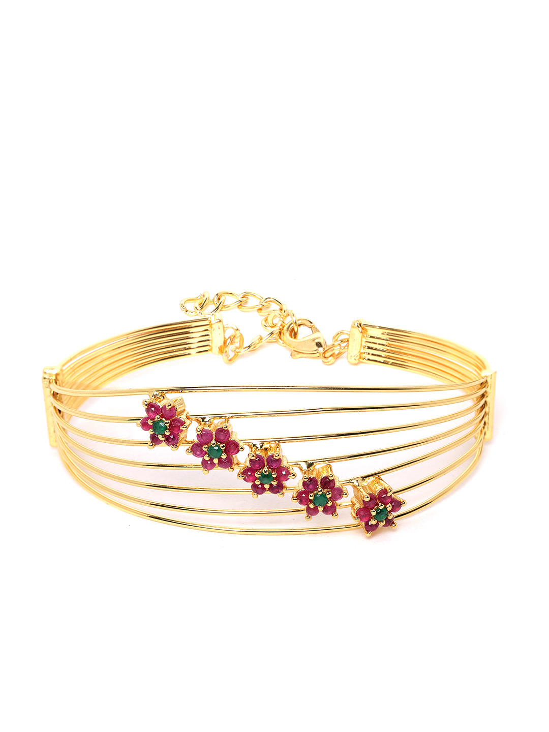 

Zaveri Pearls Green & Magenta Gold-plated CZ-Studded Floral-Shaped Bangle Style Bracelet