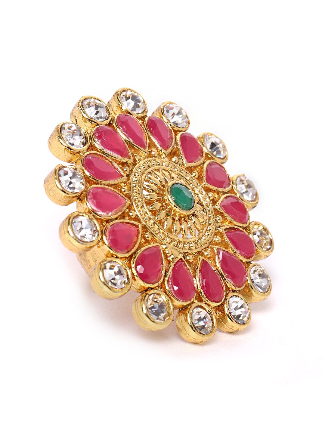 

Zaveri Pearls Pink & Green Gold-Plated Stone-Studded Circular Adjustable Finger Ring