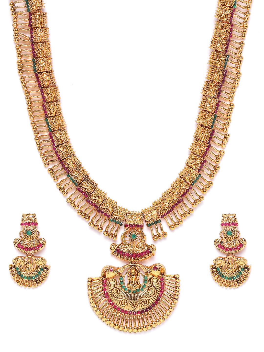 

Zaveri Pearls Green & Pink Gold-Plated Stone-Studded Temple Jewellery Set
