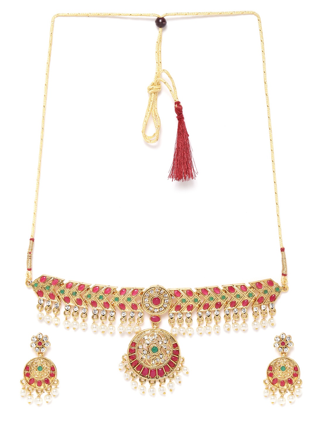 

Zaveri Pearls Green & Pink Gold-Plated Stone-Studded & Beaded Jewellery Set