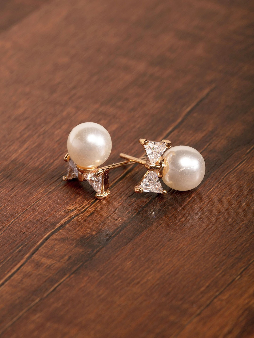 

Zaveri Pearls White Gold-Plated Beaded Bow-Shaped CZ-Studs