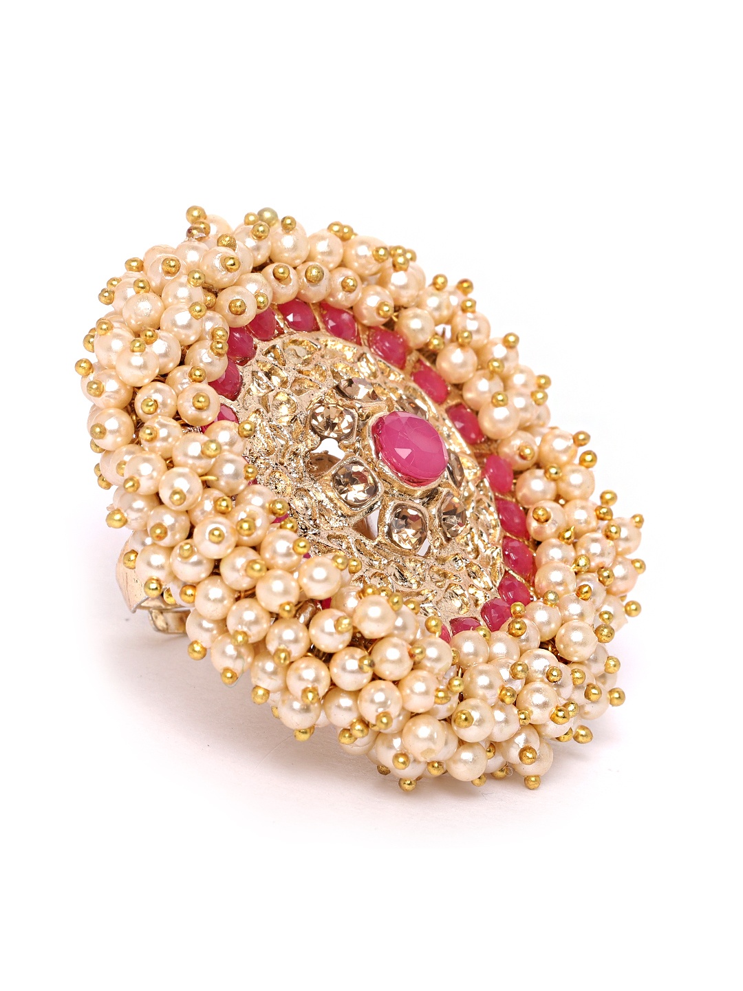 

Zaveri Pearls Women Pink & Off-White Gold-Plated Stone-Studded Adjustable Finger Ring