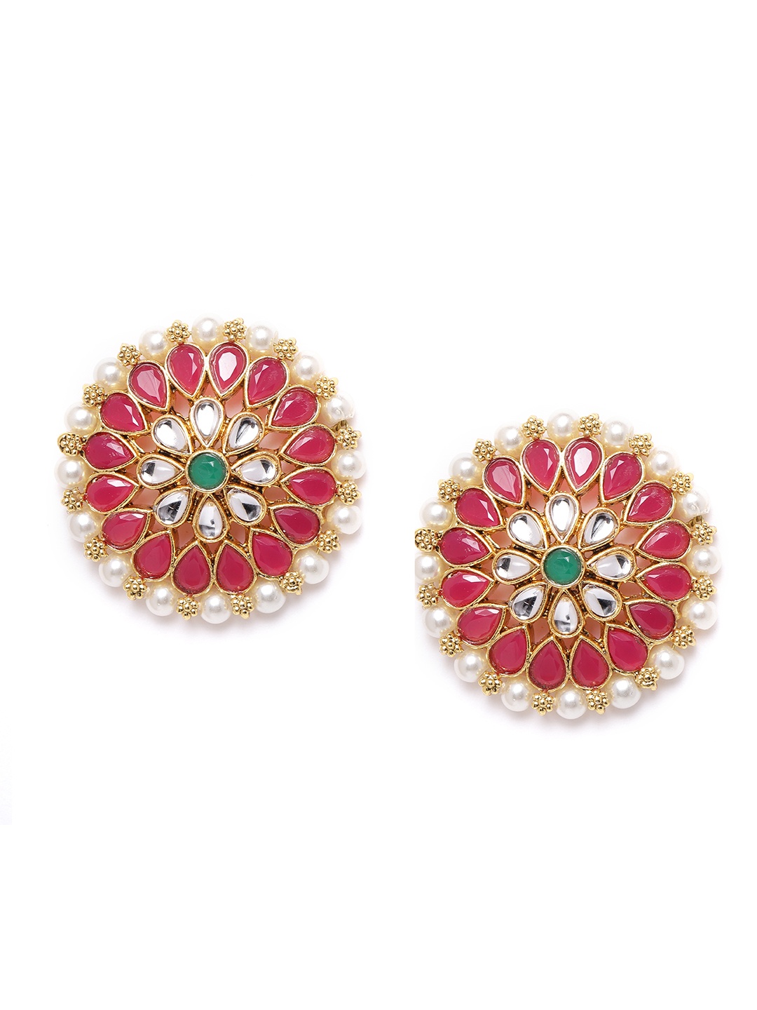 

Zaveri Pearls Pink & Off-White Gold-Plated Stone-Studded & Beaded Circular Oversized Studs