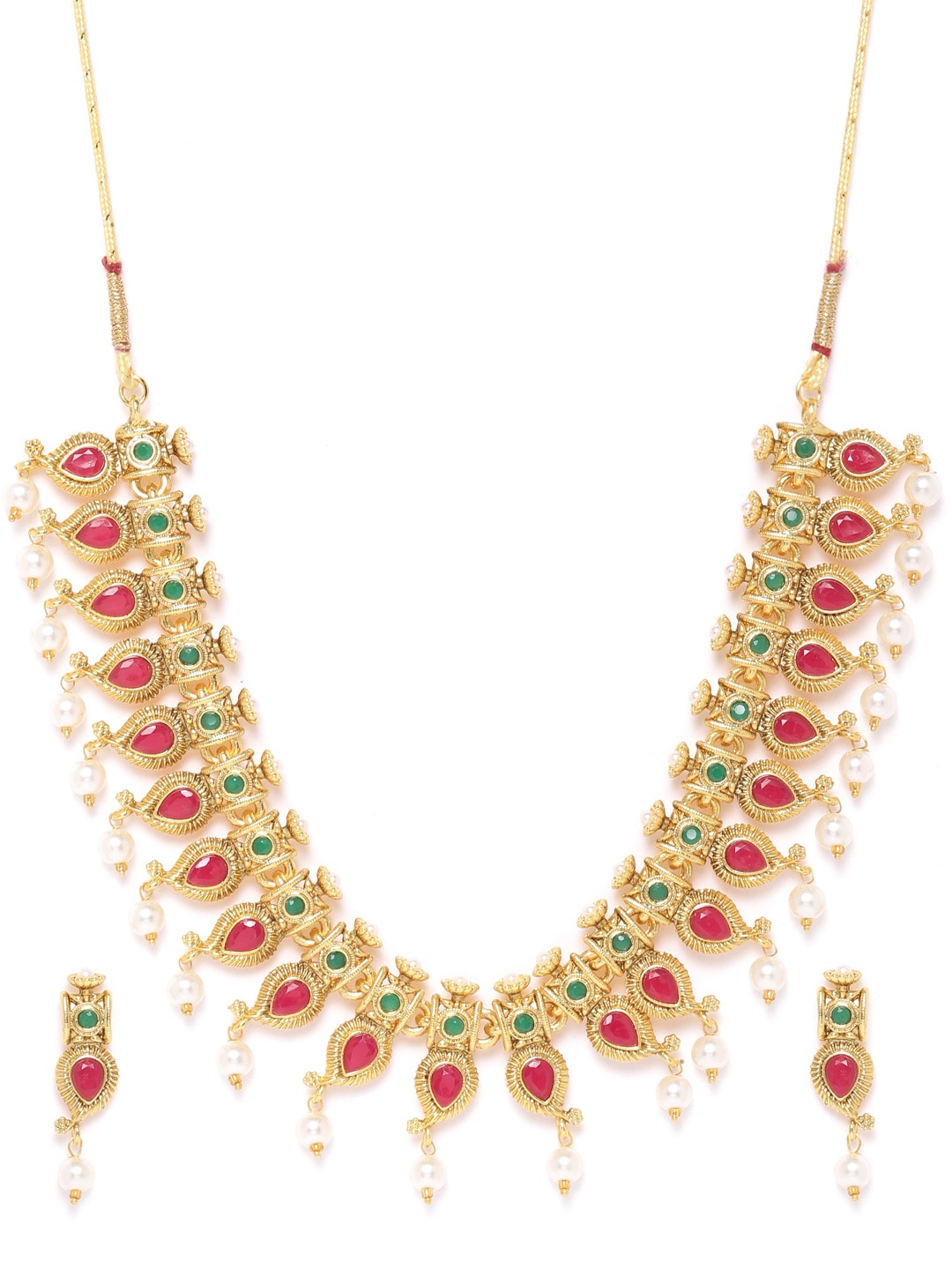 

Zaveri Pearls Magenta & Green Gold-Plated Stone-Studded Beaded Jewellery Set