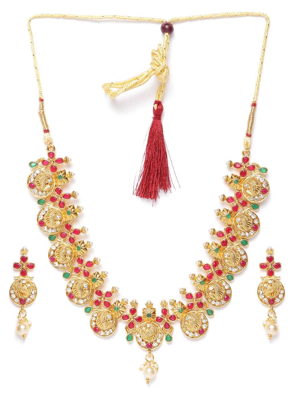 

Zaveri Pearls Red & Green Gold-Plated Stone-Studded Beaded Jewellery Set