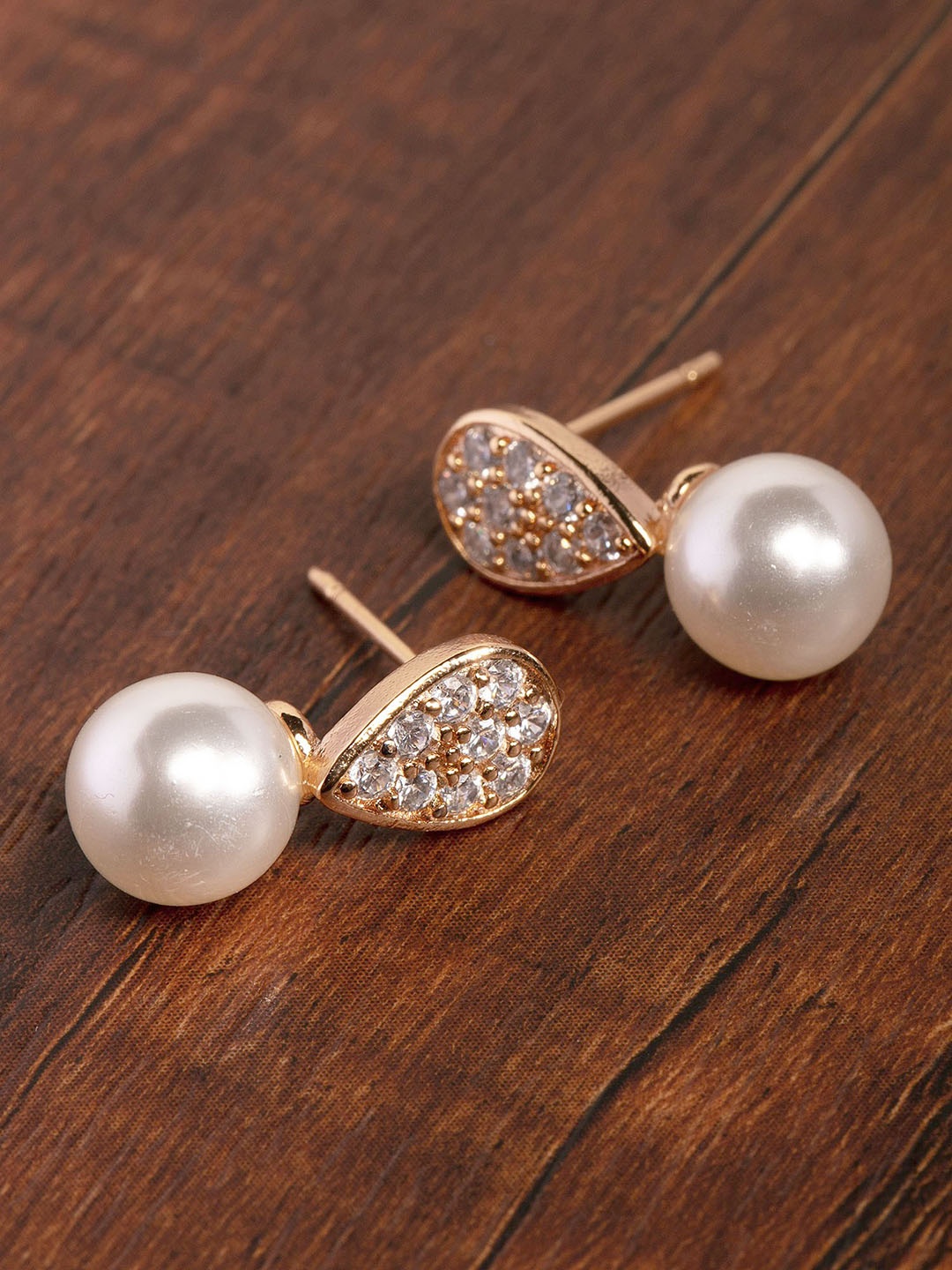 

Zaveri Pearls Off-White Gold-Plated CZ-Studded Beaded Teardrop-Shaped Studs