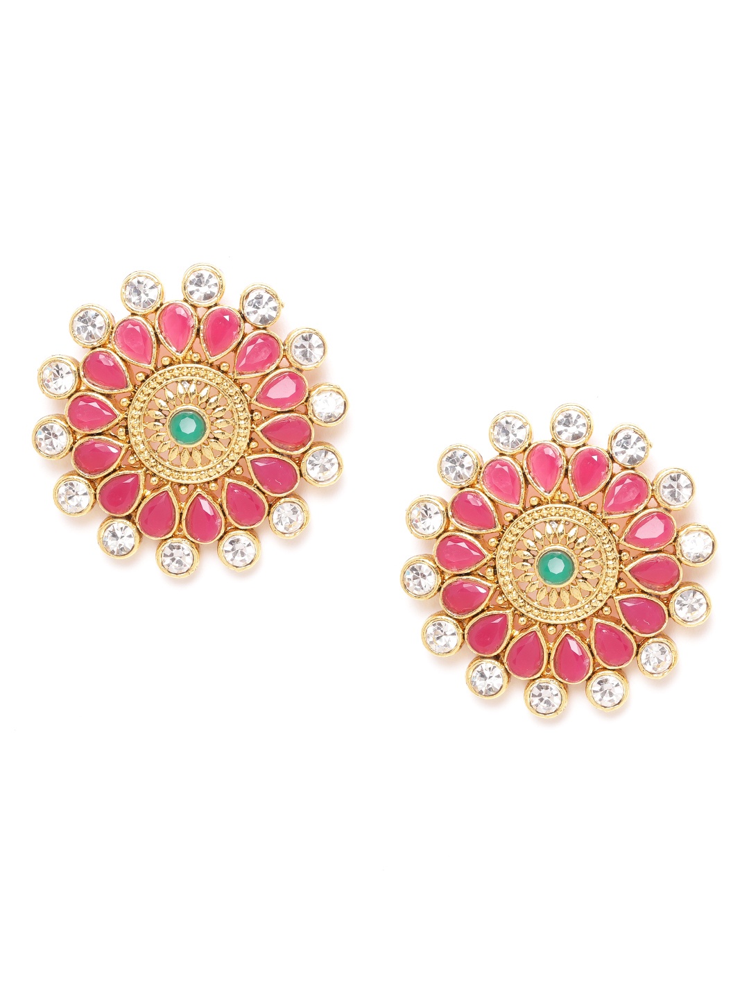 

Zaveri Pearls Pink & Green Gold-Plated Stone-Studded Circular Drop Earrings