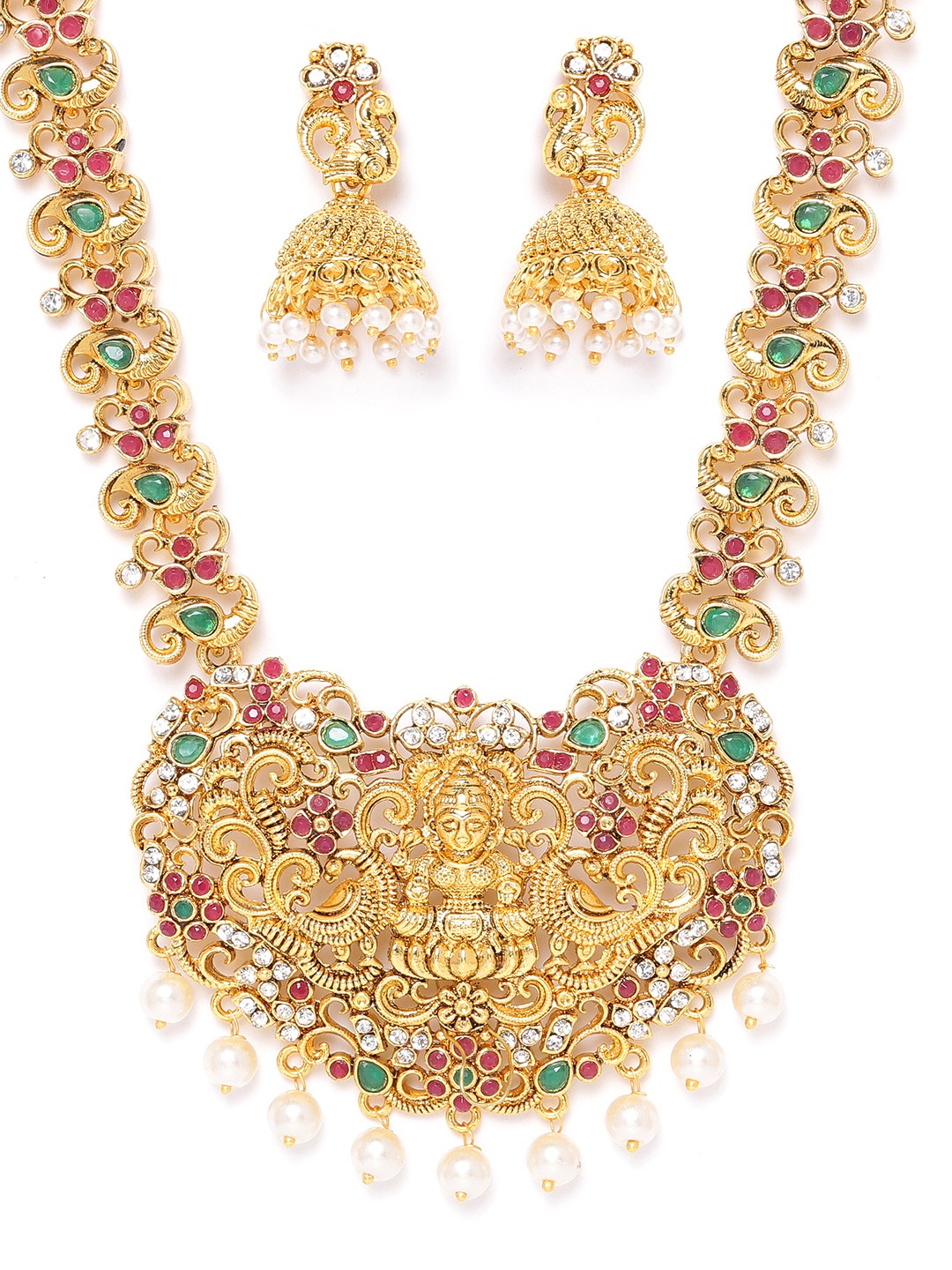 

Zaveri Pearls Magenta Gold-Plated Kundan-Studded Goddess Laxmi Temple Jewellery Set