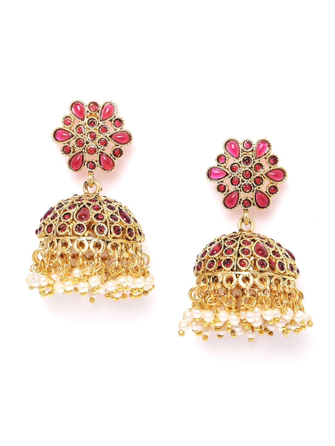 

Zaveri Pearls Magenta Gold-Plated Stone-Studded Dome-Shaped Jhumkas