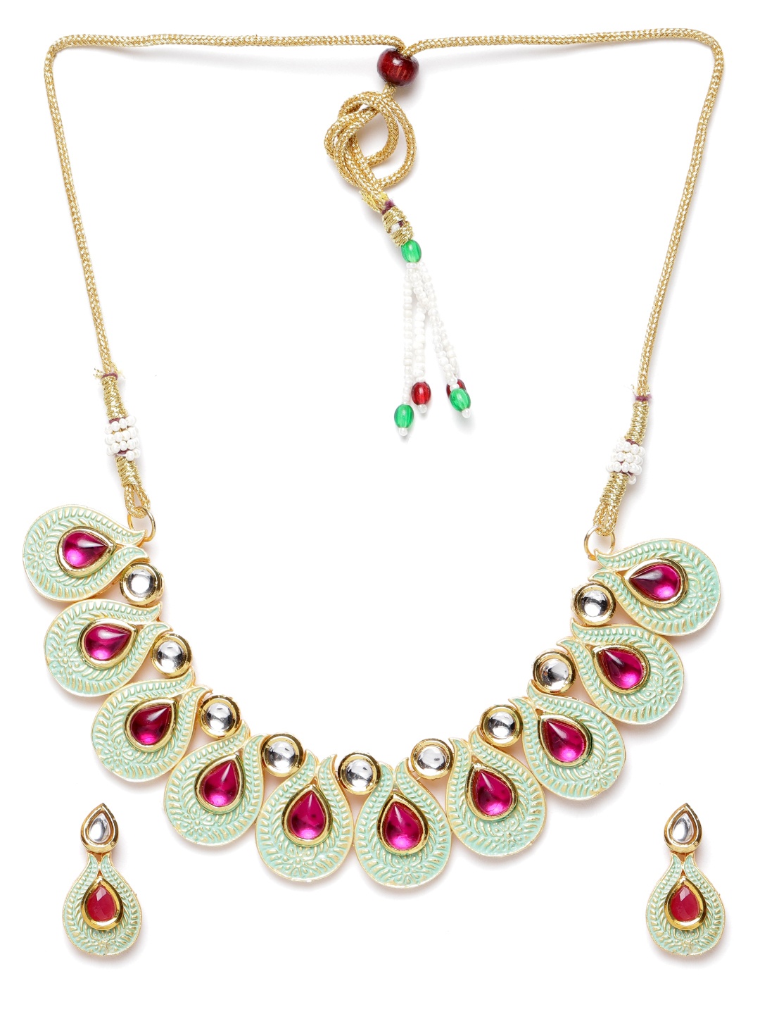 

Zaveri Pearls Mint Green & Magenta Gold-Plated Kundan-Studded Enamelled Jewellery Set