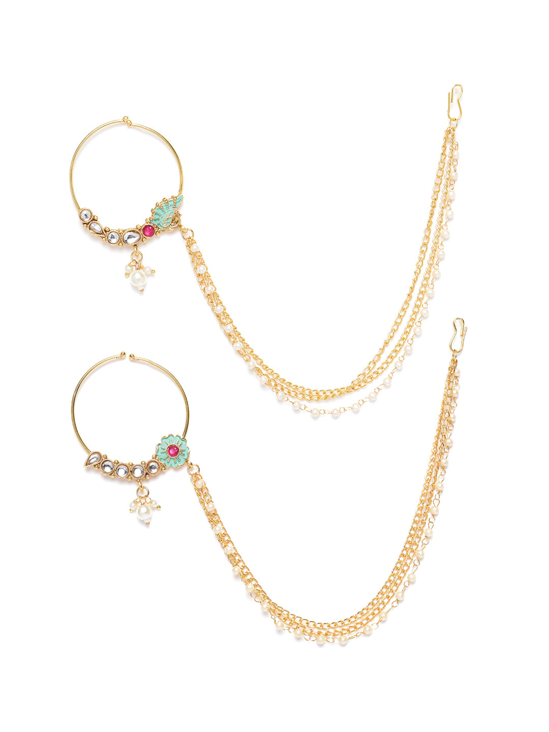 

Zaveri Pearls Set of 2 Sea Green Gold-Plated Kundan-Studded Clip-On Nose Rings with Chain