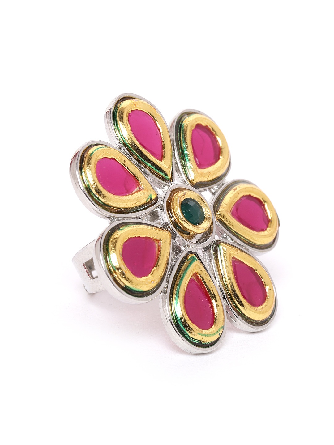 

Zaveri Pearls Pink & Green Silver-Plated Stone-Studded Floral Adjustable Finger Ring