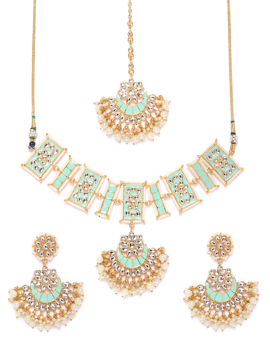 

Zaveri Pearls Sea Green Gold-Plated Enamelled Kundan-Studded Beaded Jewellery Set