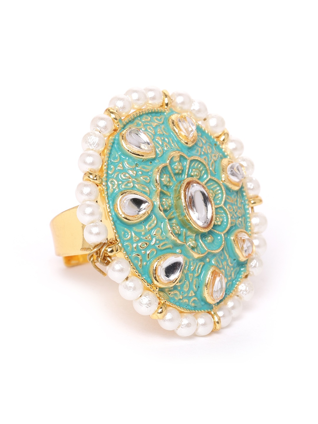 

Zaveri Pearls Women Sea Green Gold-Plated Kundan-Studded Enamelled Adjustable Finger Ring