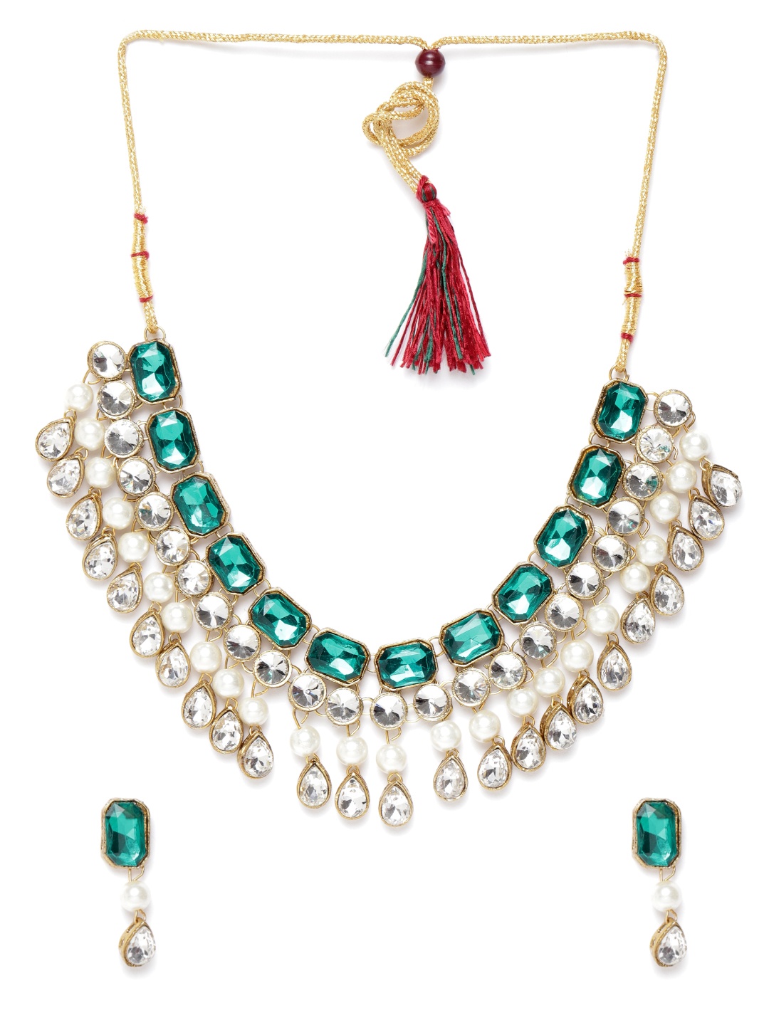 

Zaveri Pearls Green & Off-White Gold-Plated Stone-Studded Beaded Jewellery Set