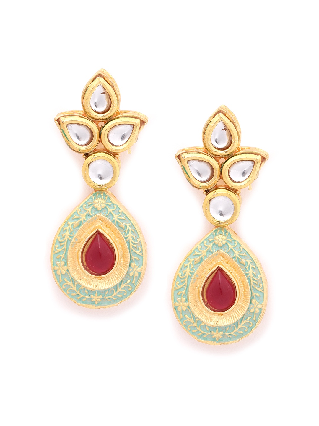 

Zaveri Pearls Sea Green Gold-Plated Kundan-Studded Enamelled Teardrop-Shaped Drop Earrings