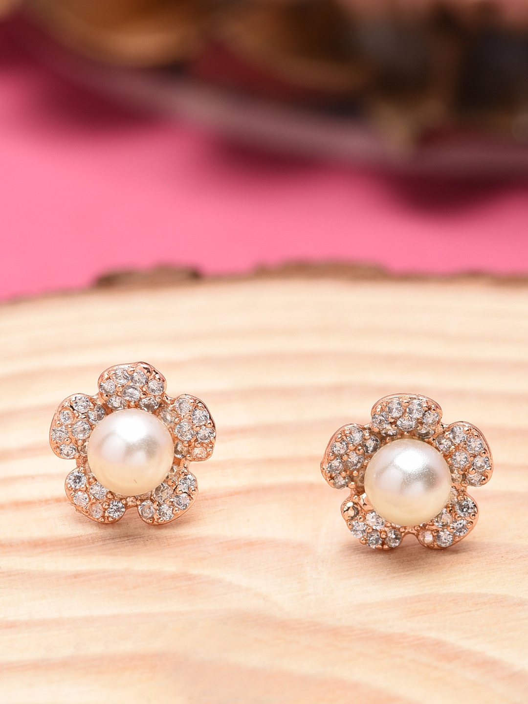 

Zaveri Pearls White Gold-Plated Beaded Floral CZ Studs