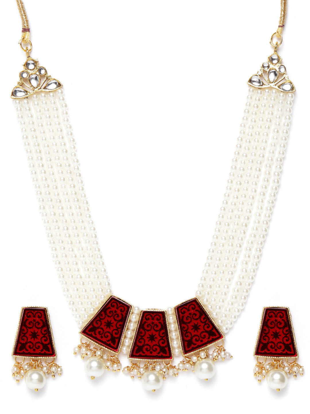 

Zaveri Pearls Off-White & Red Gold-Plated Beaded Jewellery Set