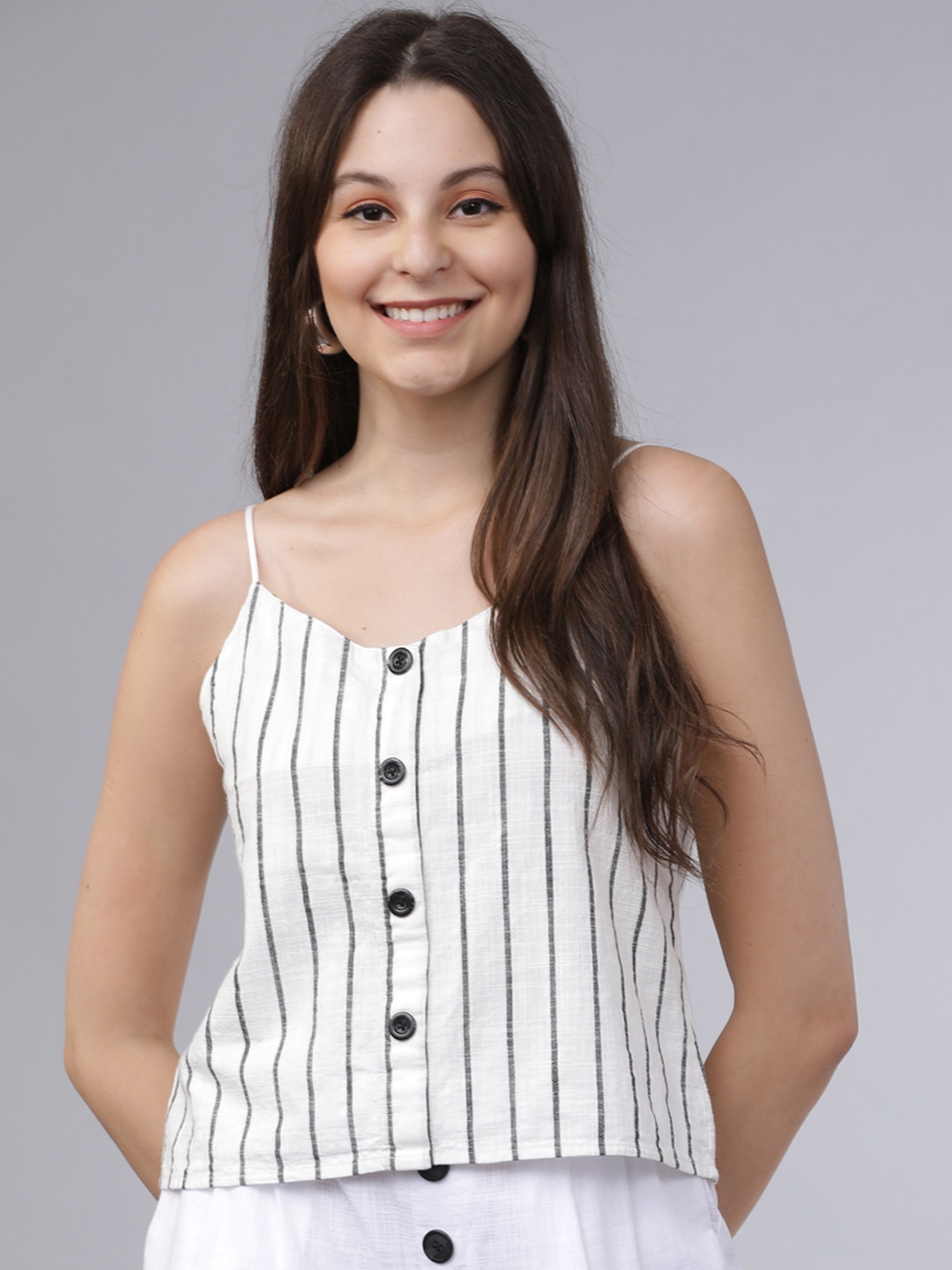 

Tokyo Talkies Women Off-White Striped Crop Pure Cotton Top