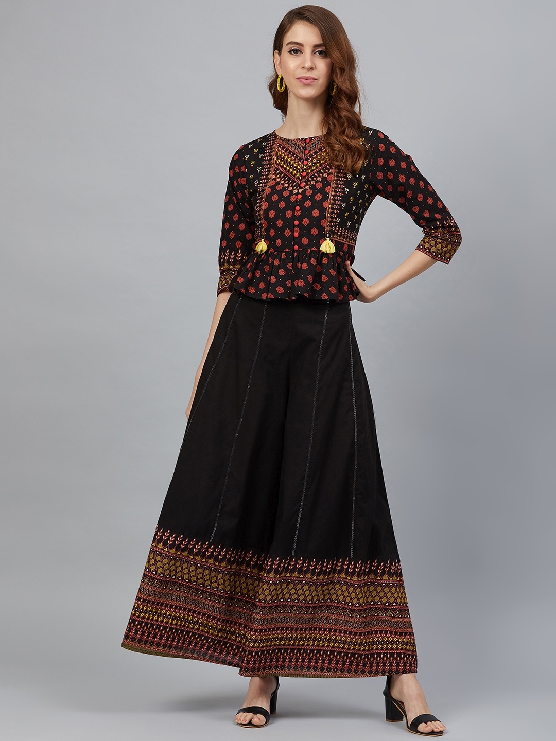 

Juniper Women Black & Red Cambric Printed Top with Palazzos