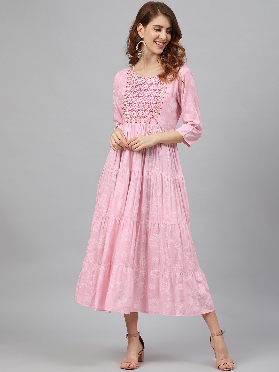 

Juniper Women Pink & White Zari Embroidered Printed Tie-Up Tiered Maxi Dress