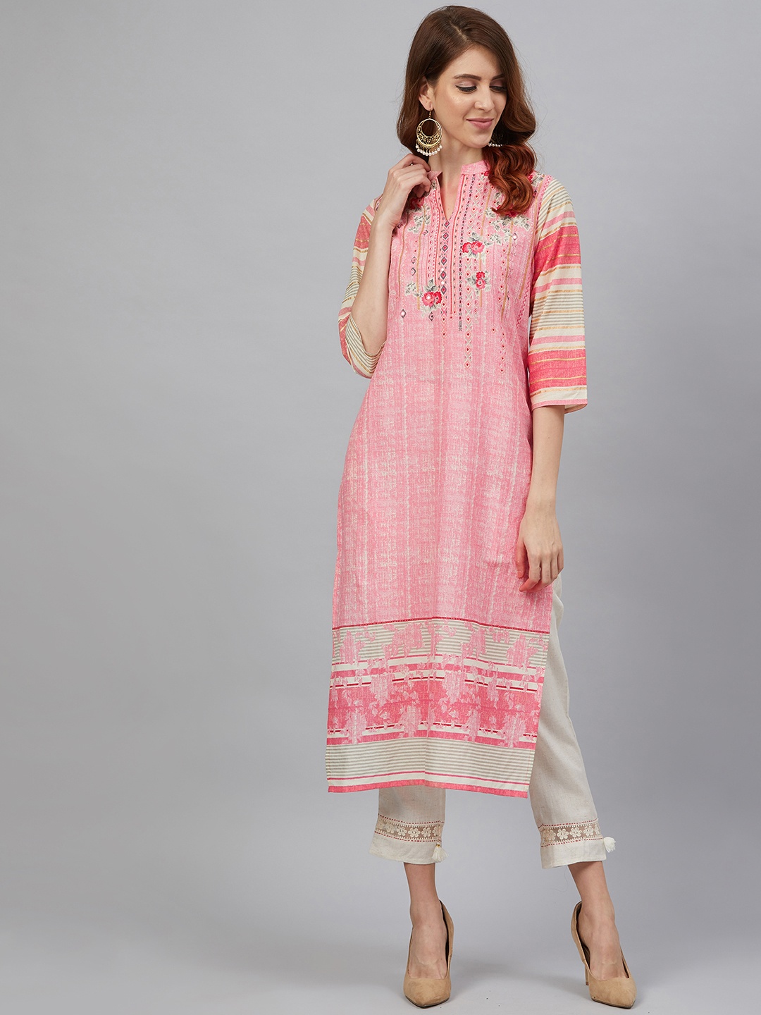 

Juniper Women Pink & Cream-Coloured Printed Dobby Weaved Straight Kurta