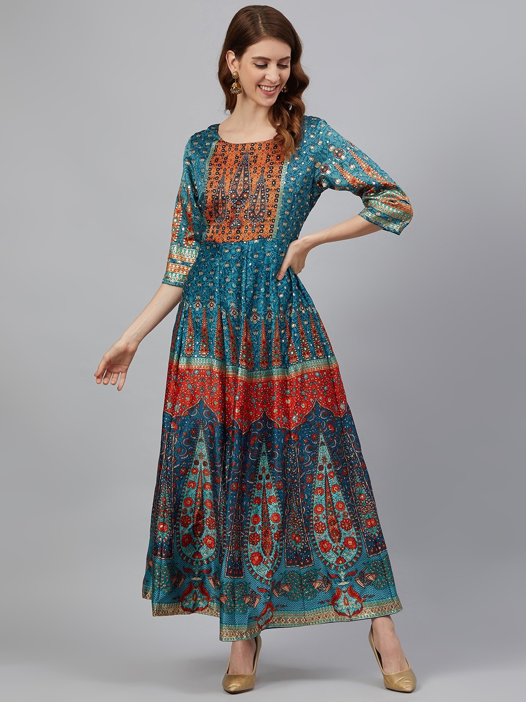 

Juniper Women Teal Blue & Red Satin Finish Printed Anarkali Maxi Dress