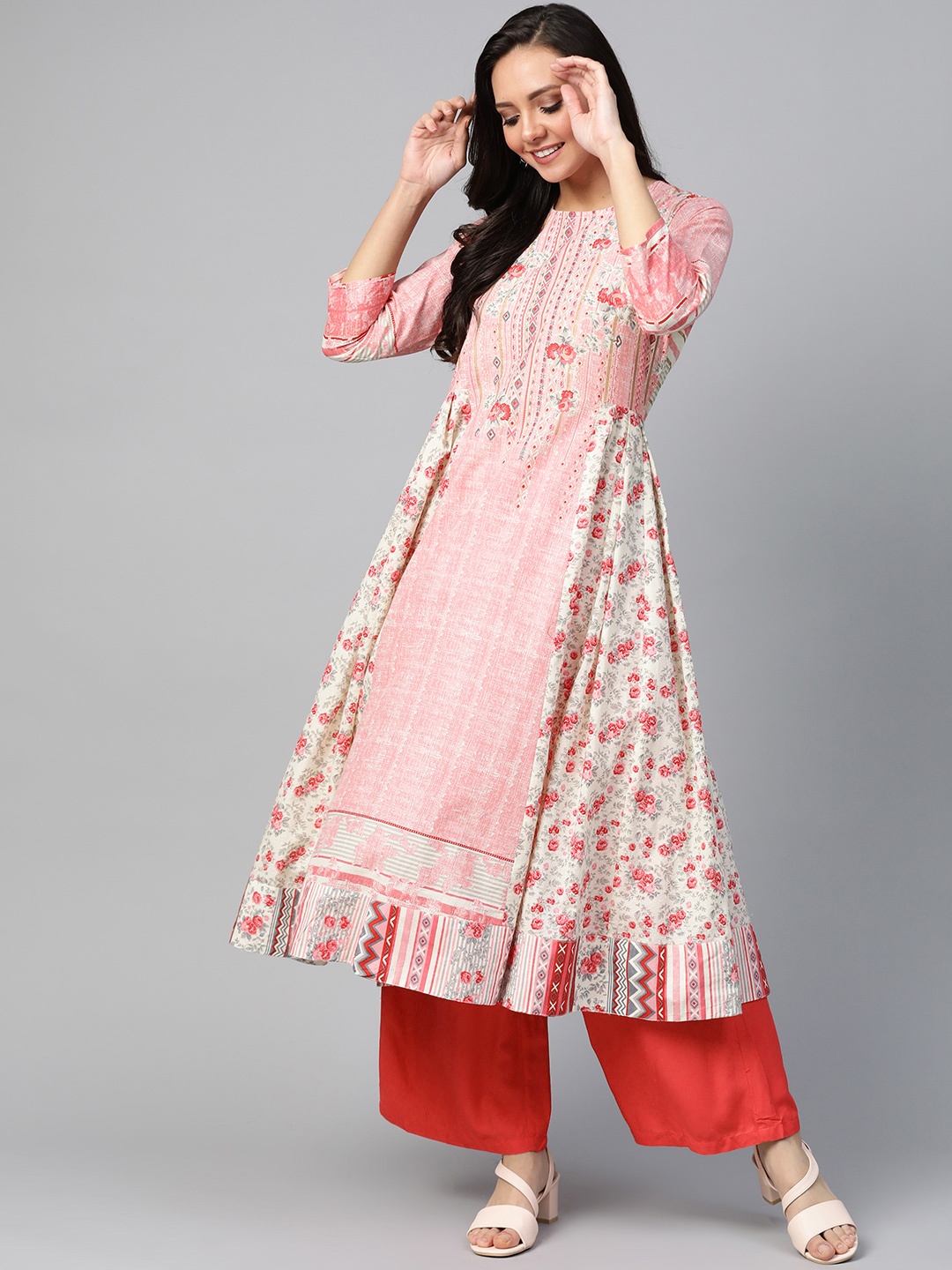 

Juniper Women Pink & Off-White Dobby Weaved Floral Printed Anarkali Kurta