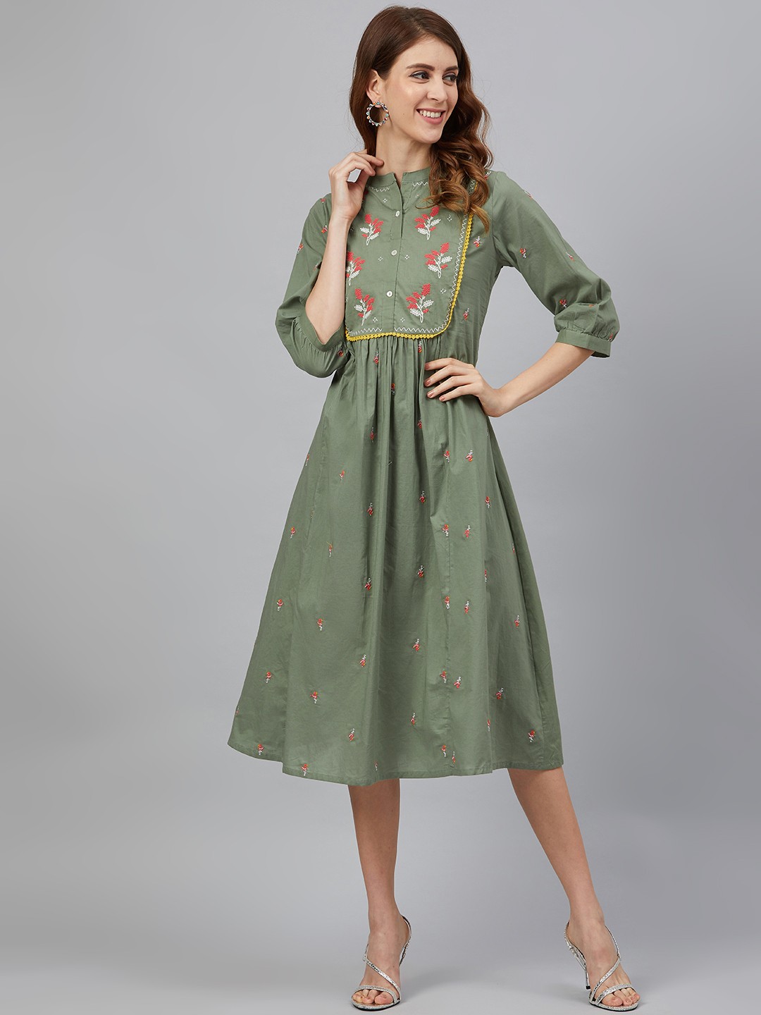 

Juniper Women Olive Green & Red Lace Embroidered A-Line Dress